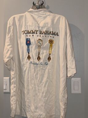 Tommy Bahama Cream Short Sleeve Shirt with Blue and Gold Tap Handle Embroidery